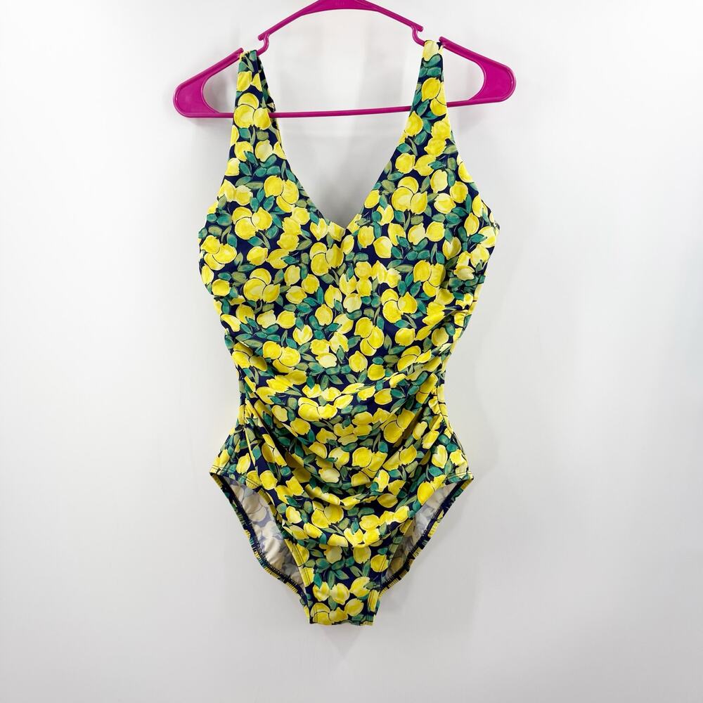 Miraclesuit x Talbots Swimsuit SZ 10 Lemon Navy Yellow Firm Control Blockbuster
